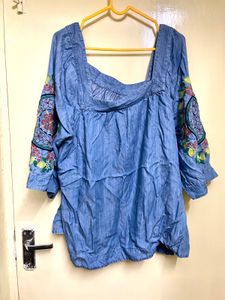 Embroidered Denim Peasant Top