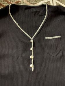 Black Button-Down V Neck Strechable Top