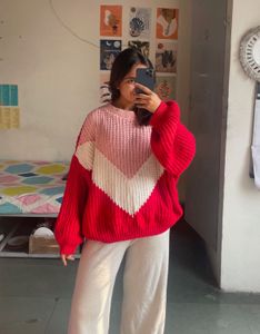 Red Colorblocked Knit Sweater