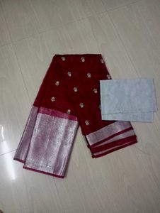 Heavy Party Wear Maroon & Silver Organza Saree