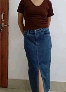 Denim Midi Skirt with Slit