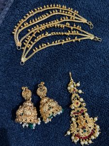 South Indian bridal ear chain with jumka and tikka