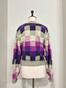 purple Checkered Knit Cardigan