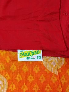Orange &amp; Red Pure Cotton Saree With Blouse