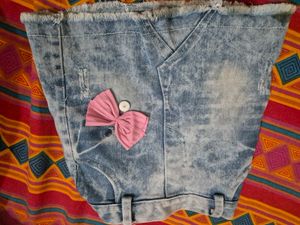 Denim Mini Skirt with Pink Bow