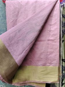 Pink Cotton Saree with Gold Border