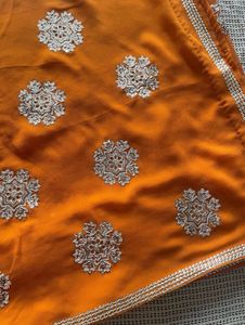 Orange Sequinned Heavy Saree