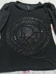 Black Long Sleeve Top with Rhinestone Detail