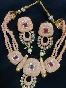 Peach Beaded Necklace &amp; Earring Set