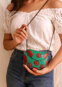 Turquoise And Coral Mosaic Stone Chain Sling Bag