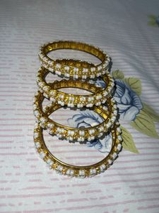 Golden Bangles With White Beads (Set of 4)
