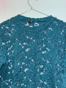 Elegant Teal Floral Lace Sheer Top