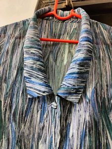 Abstract Blue Green Wavy Stripe Collared Shirt