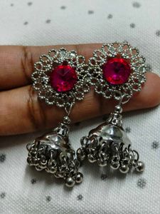 Silver Megenta Pink Stone Jhumka Earrings
