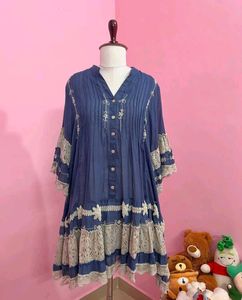 Boho Indigo Lace- Trimmed Flare dress