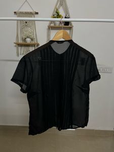 Black Sheer Chiffon Pleated Tops