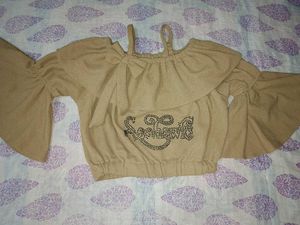 Ruffled embellished tan blouse
