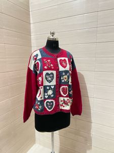 Vintage y2k Embroidered Red Hearts Rose Applique C