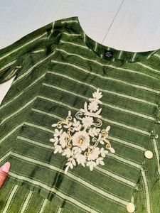 Green Striped Embroidered Kurti