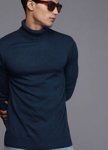 WROGN Men Navy Blue Slim Fit Turtle Neck Pullover