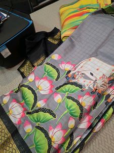 Art Silk Black Grey Handpainted Saree With Blouse