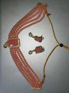 Coral Color Choker Necklace Set With Earrings
