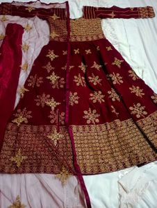 Premium Maroon Golden Embroidered Gown