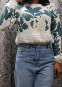 Off White Sweater With Green Leafy Prints