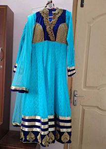 Teal &amp; Gold Embellished Anarkali Dress