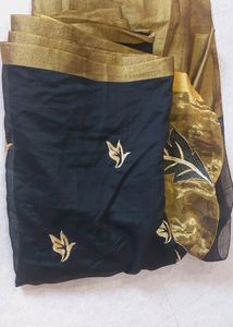 Black &amp; Golden Saree With Pico Fall