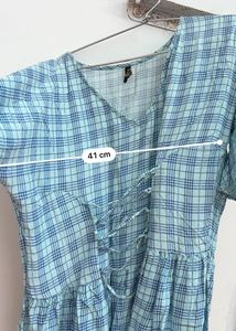 Blue Plaid Dress with Floral Hem