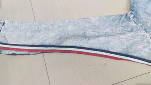 Acid Wash Denim Jacket with Striped Sleeves