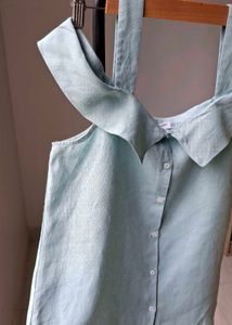 MANGO Blue Ruffle Collar Tank