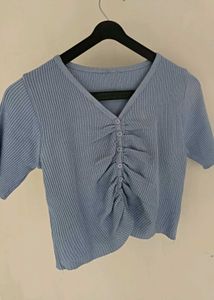 Blue Ribbed Ruched Button-Up Top