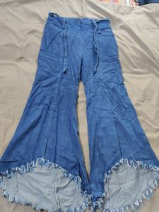 Fringe Hem Wide Leg Denim Pants