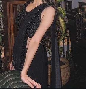 Black Pre Draped Saree With Embellished Blouse