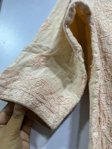Peach Kota Checks Chikankari Embroidered Kurta
