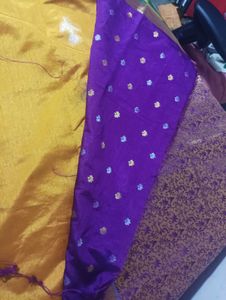 Golden Saree With Blue Pallu