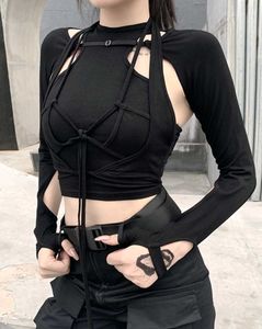 Newme Kpop Black Front Tie Up Cutout Crop Top