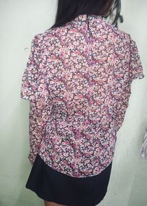 Red Floral Print Front Gathered Shirt