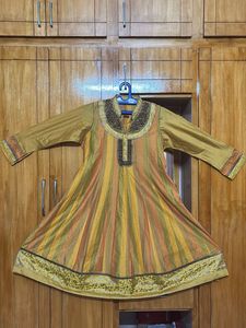 Musturd yellow closed collar anarkali pure silk