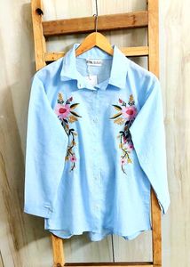 Sky Blue Embroidery Work Cotton Shirt Size-36