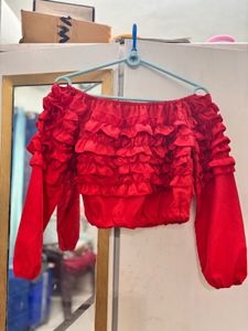 Red Ruffled Off Shoulder Crop Top