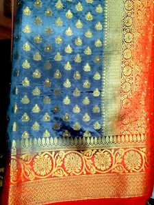 Elegant Reddish Orange & Grey Silk Saree