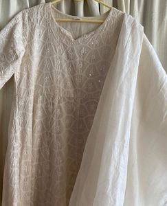 White Chikankari Anarkali Set With Dupatta