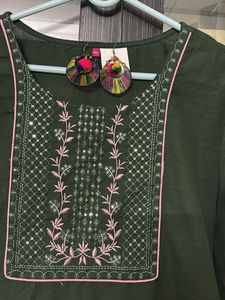 Green Embroidered Kurti with matching ear