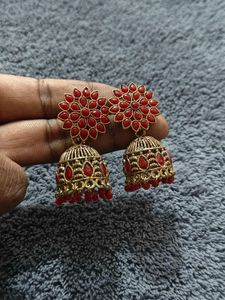 Red &amp; Gold Jhumka Earrings