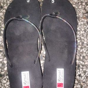 Black Slippers With Stone Work