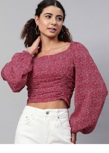 Mroon Floral Georgette Fitted Crop Top