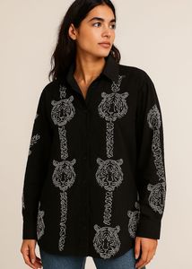 black oversized button-up shirt.